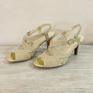 Etienne Aigner Heels 6 Julia Beige Gold Tweed Strappy Slingback Heel Sandal
